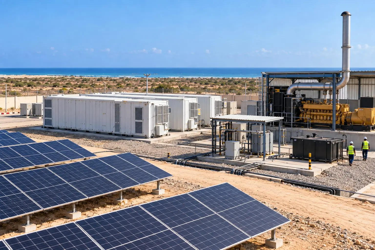 Hybrid power site with solar panels, battery containers and a generator set
