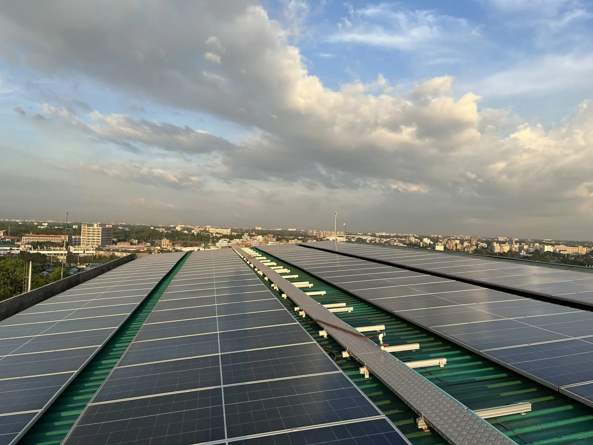 Rooftop solar panels on a commercial building