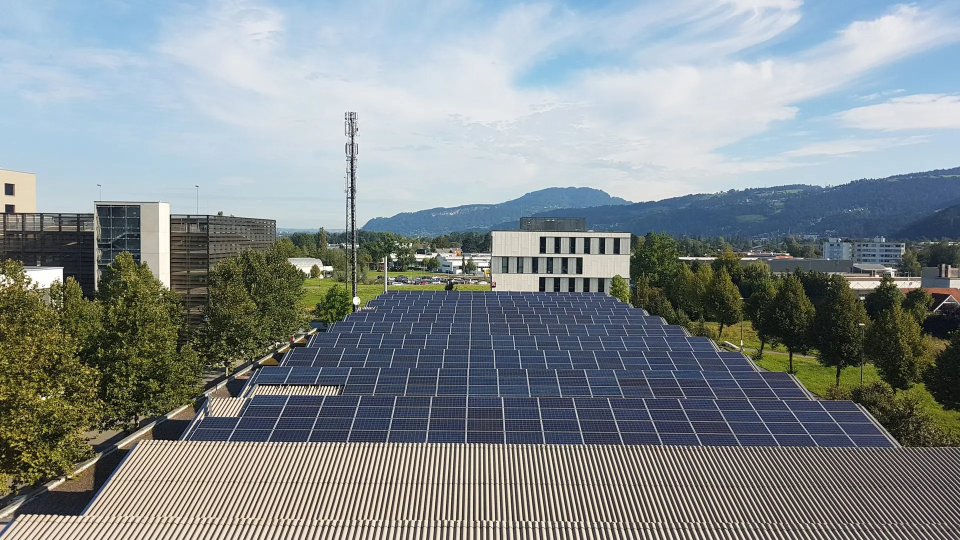Solar panels on a commercial building roof