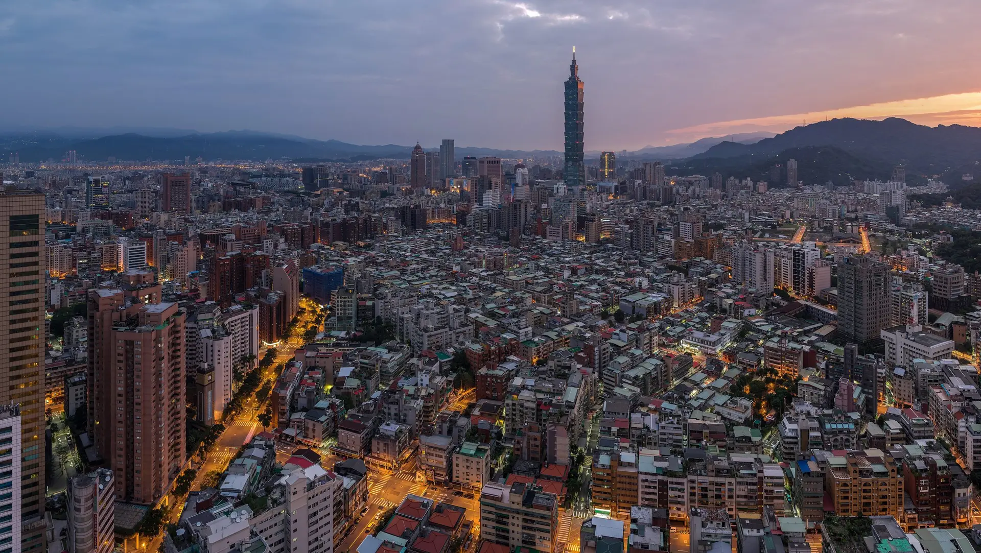 City skyline at sunrise