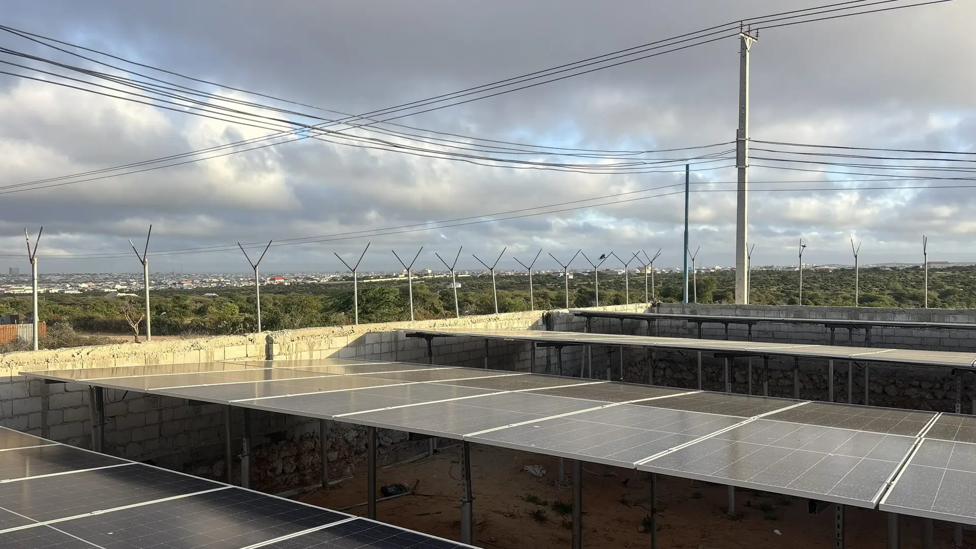 Rows of solar panels behind a fence