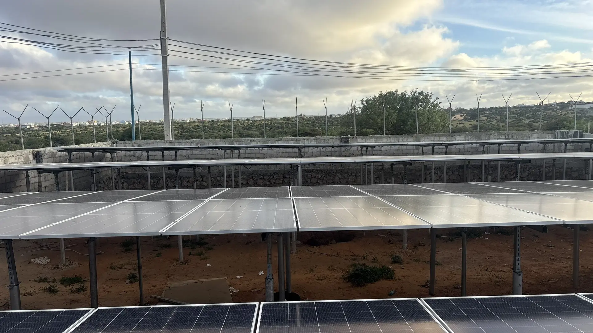 Rows of ground-mounted solar panels behind a perimeter fence