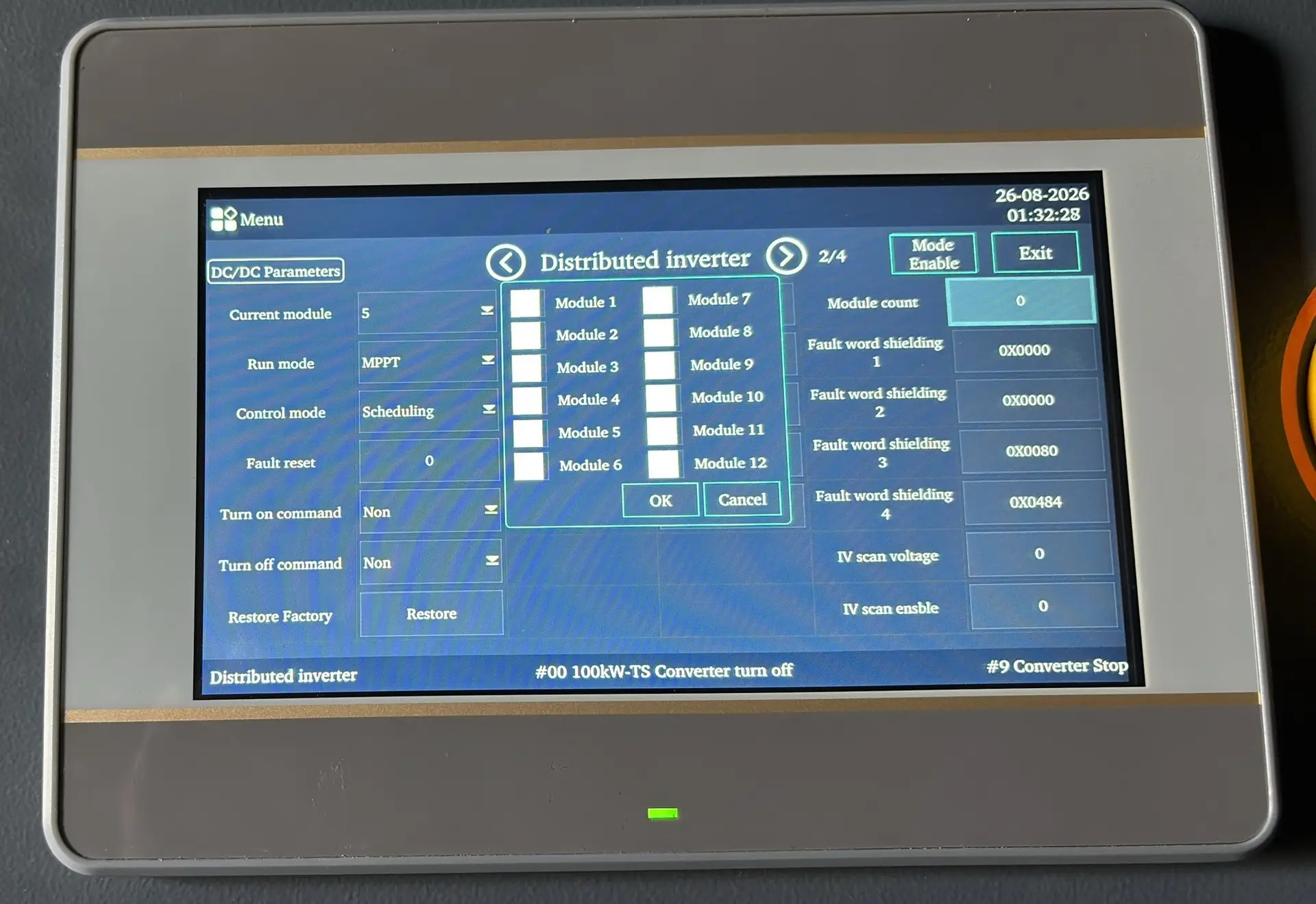 Control screen showing system measurements