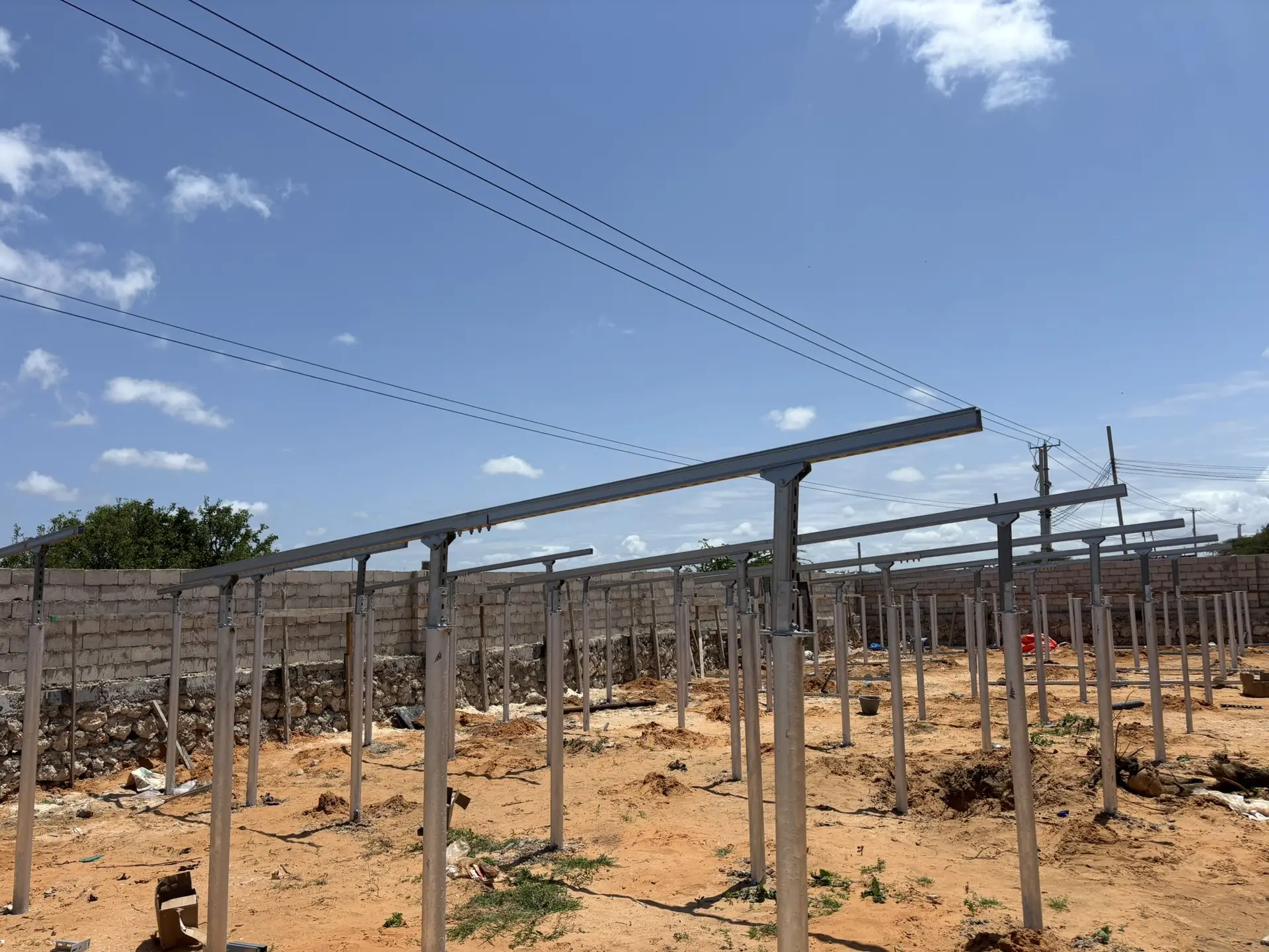Steel mounting frames being installed for a solar array