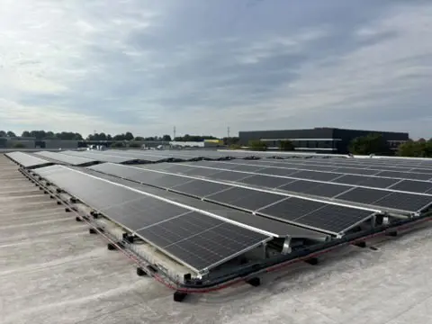 Rows of solar panels on a flat industrial roof in Nederweert