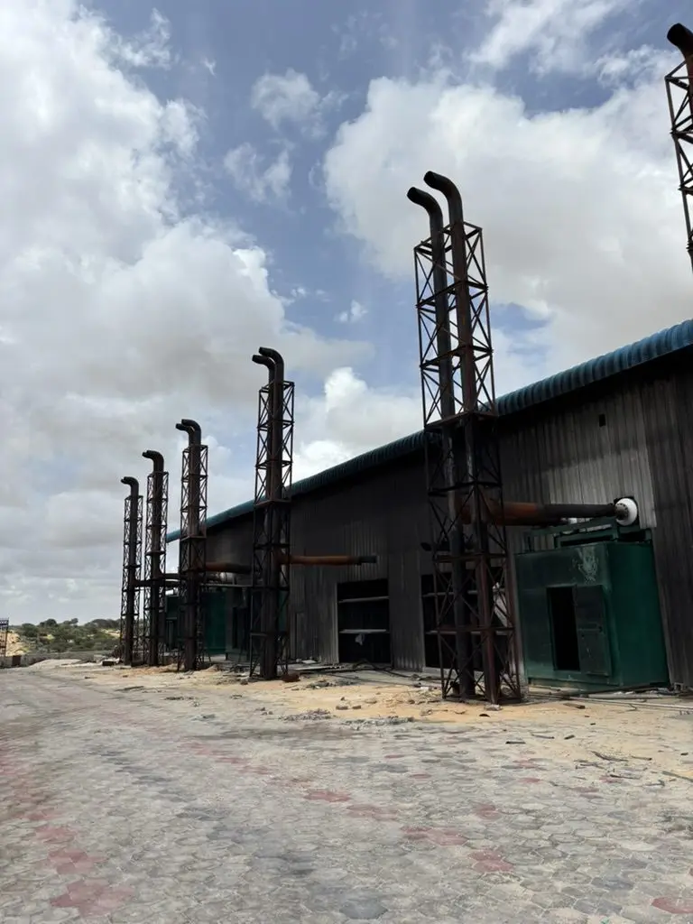 Power station building with engine exhaust stacks